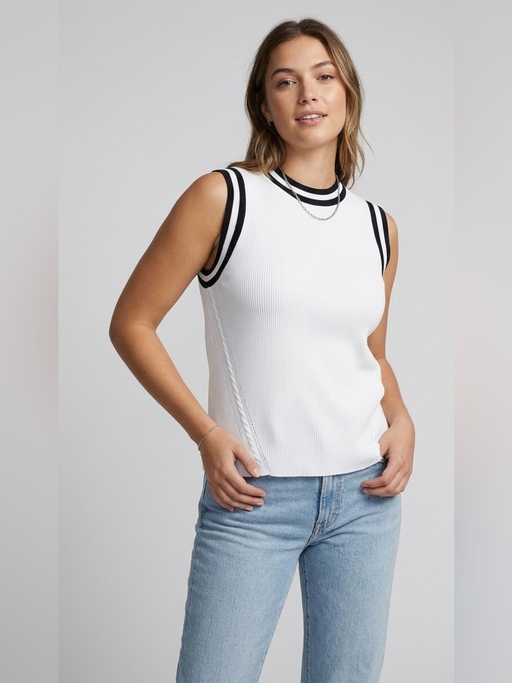 Rag & Bone Priya Crewneck Knit Tank Top White Ribbed Black Striped Trim - Size L